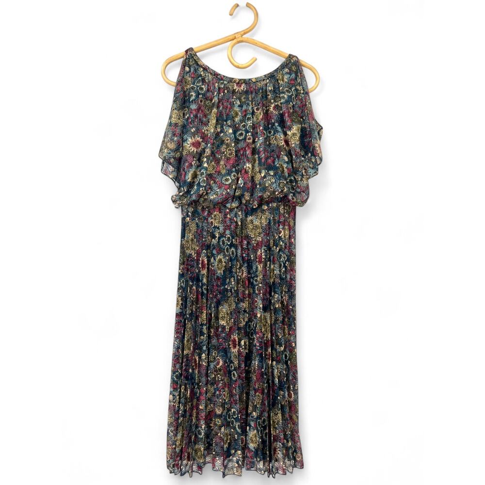 Vintage 70's Women's Pleated Flutter Sleeve Dress M Floral Lace - Picture 2 of 6